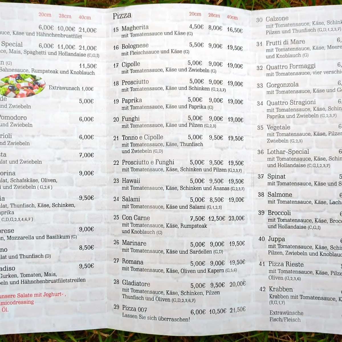 Speisekarte, Pizzeria Paradiso