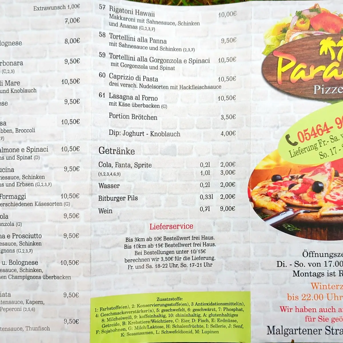 Speisekarte, Pizzeria Paradiso