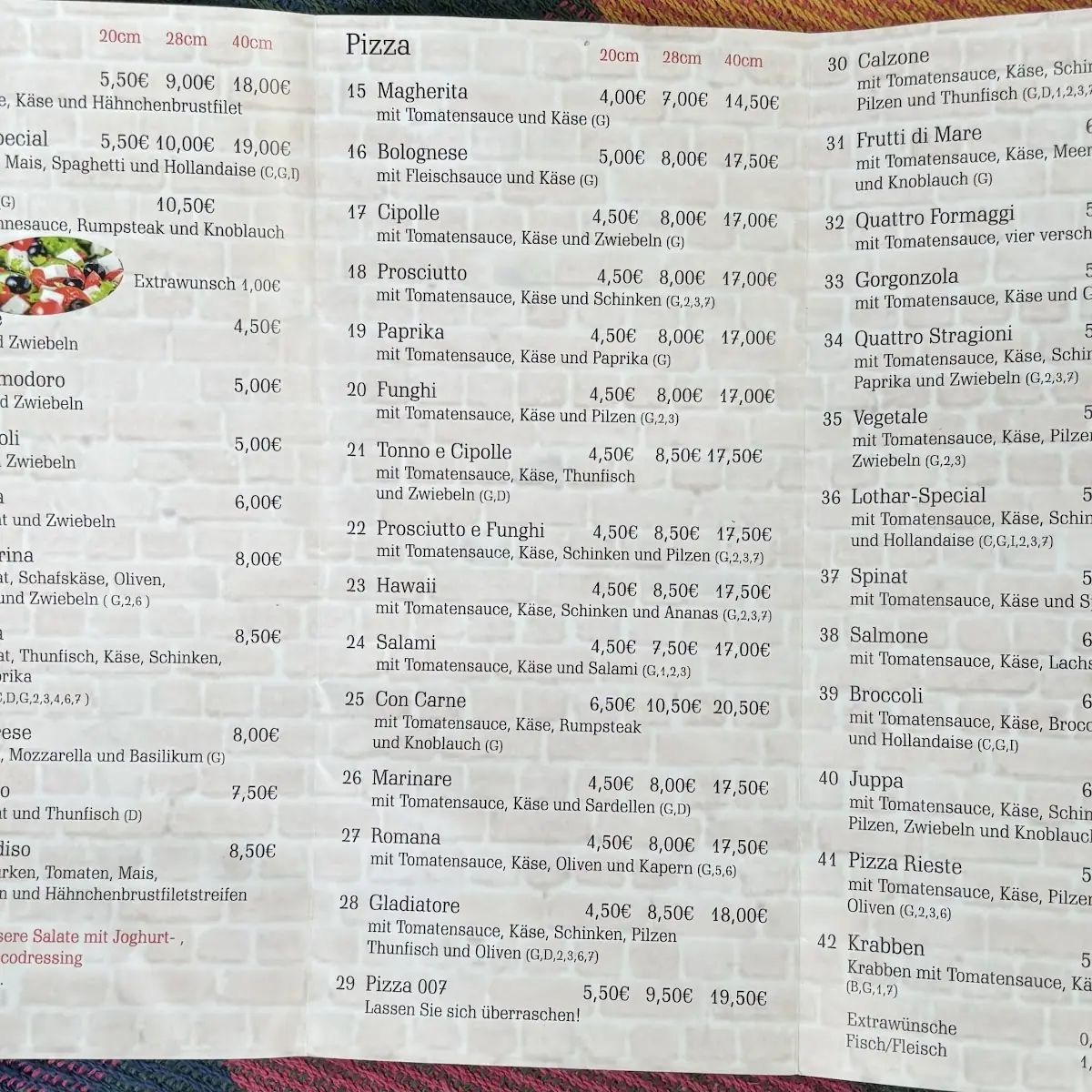 Speisekarte, Pizzeria Paradiso