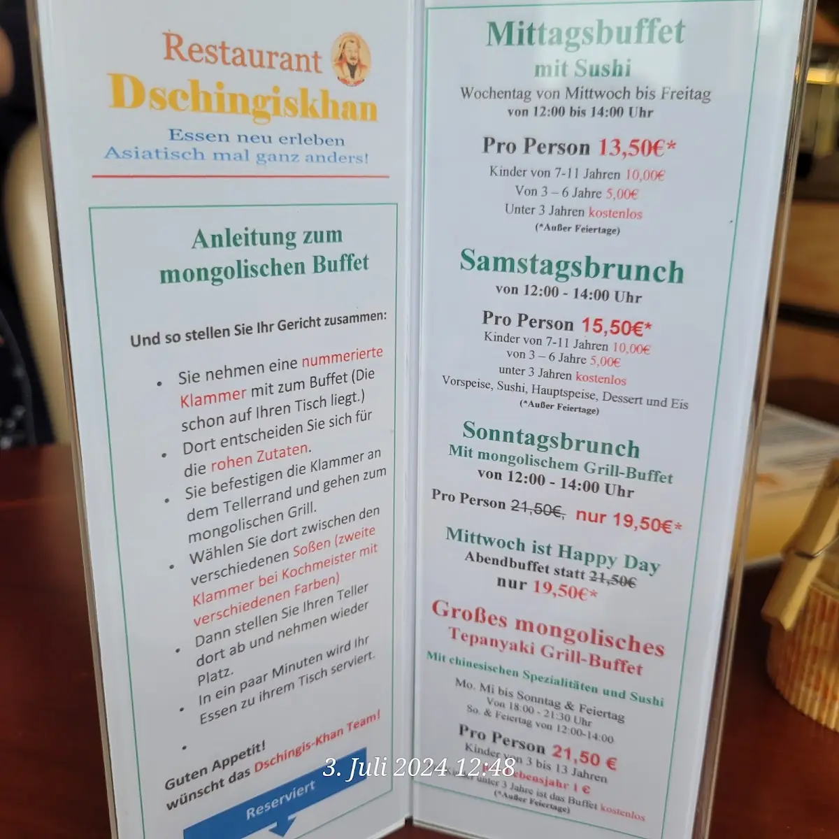 Speisekarte, Restaurant Dschingiskhan