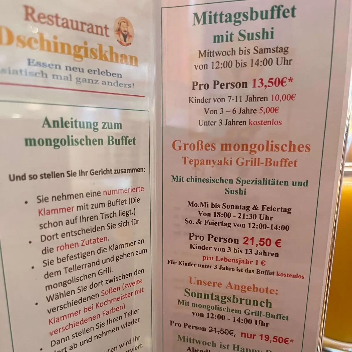 Speisekarte, Restaurant Dschingiskhan