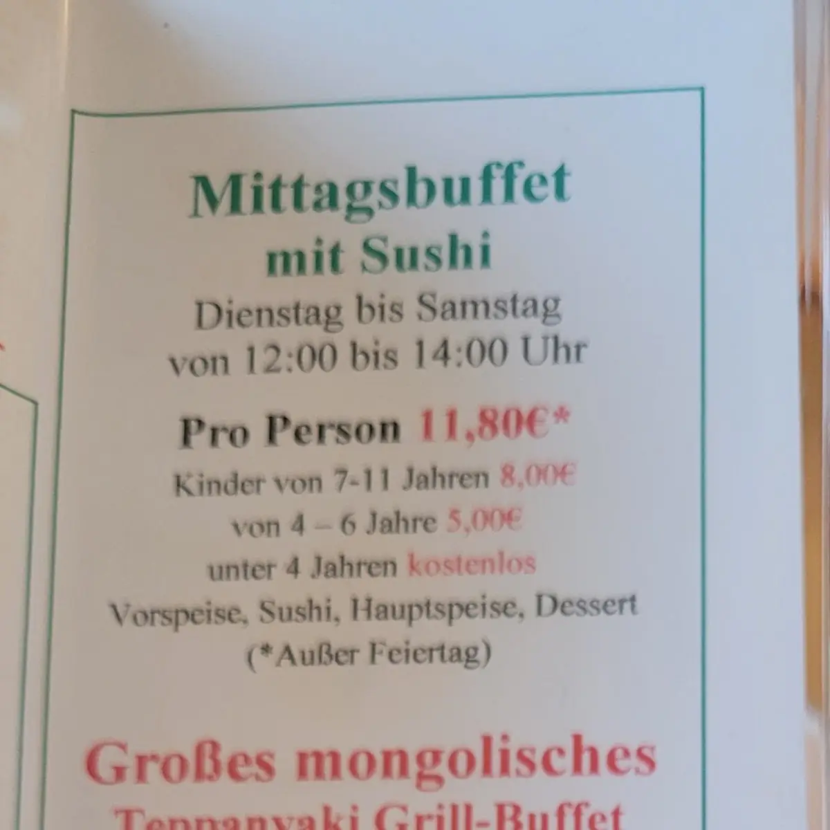 Speisekarte, Restaurant Dschingiskhan