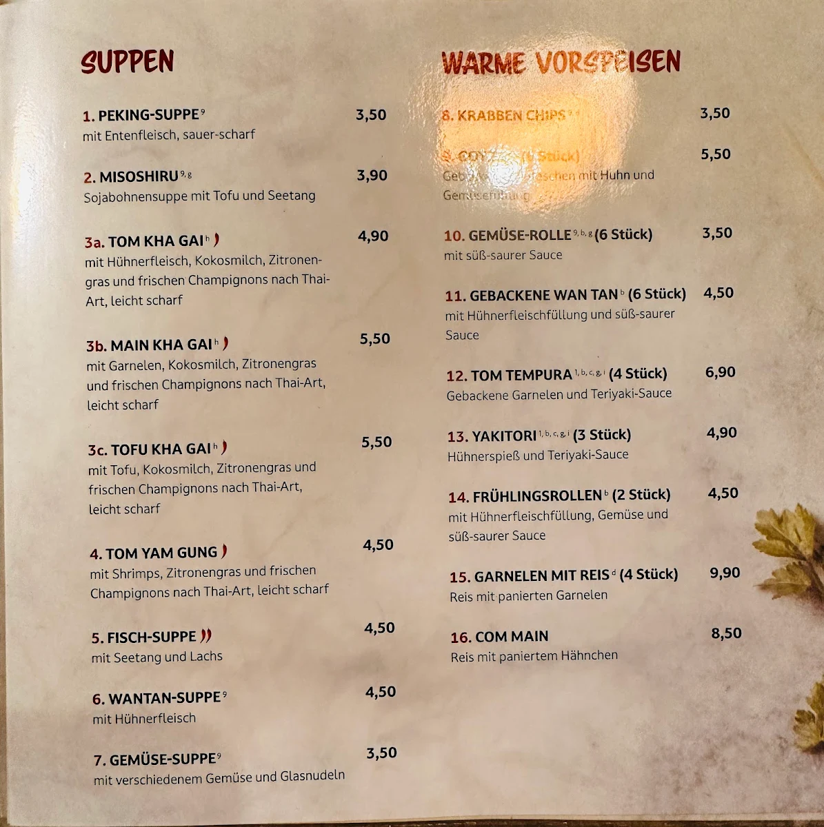 Speisekarte, Main Sushi Bar