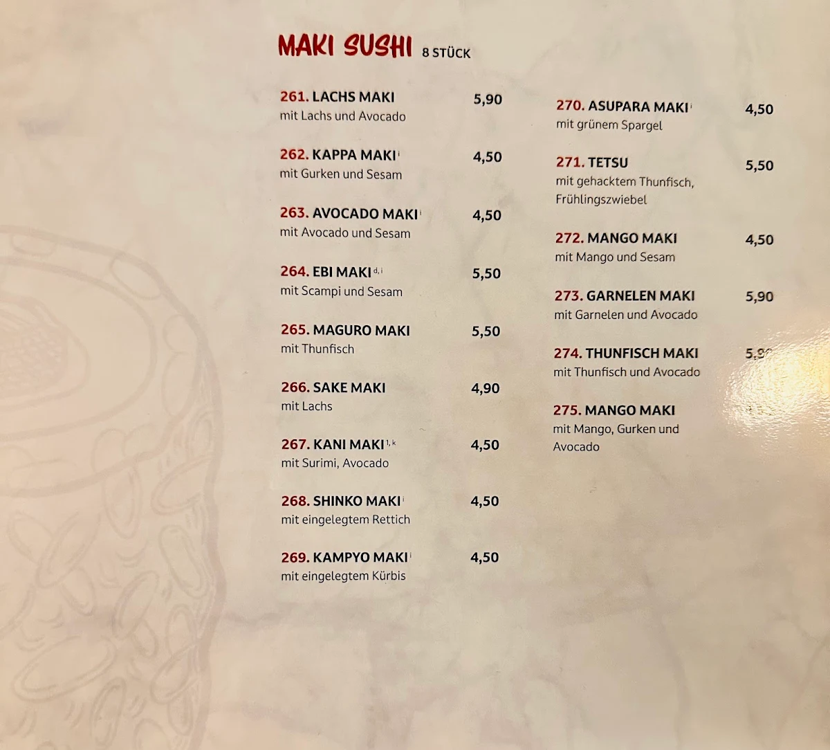 Speisekarte, Main Sushi Bar