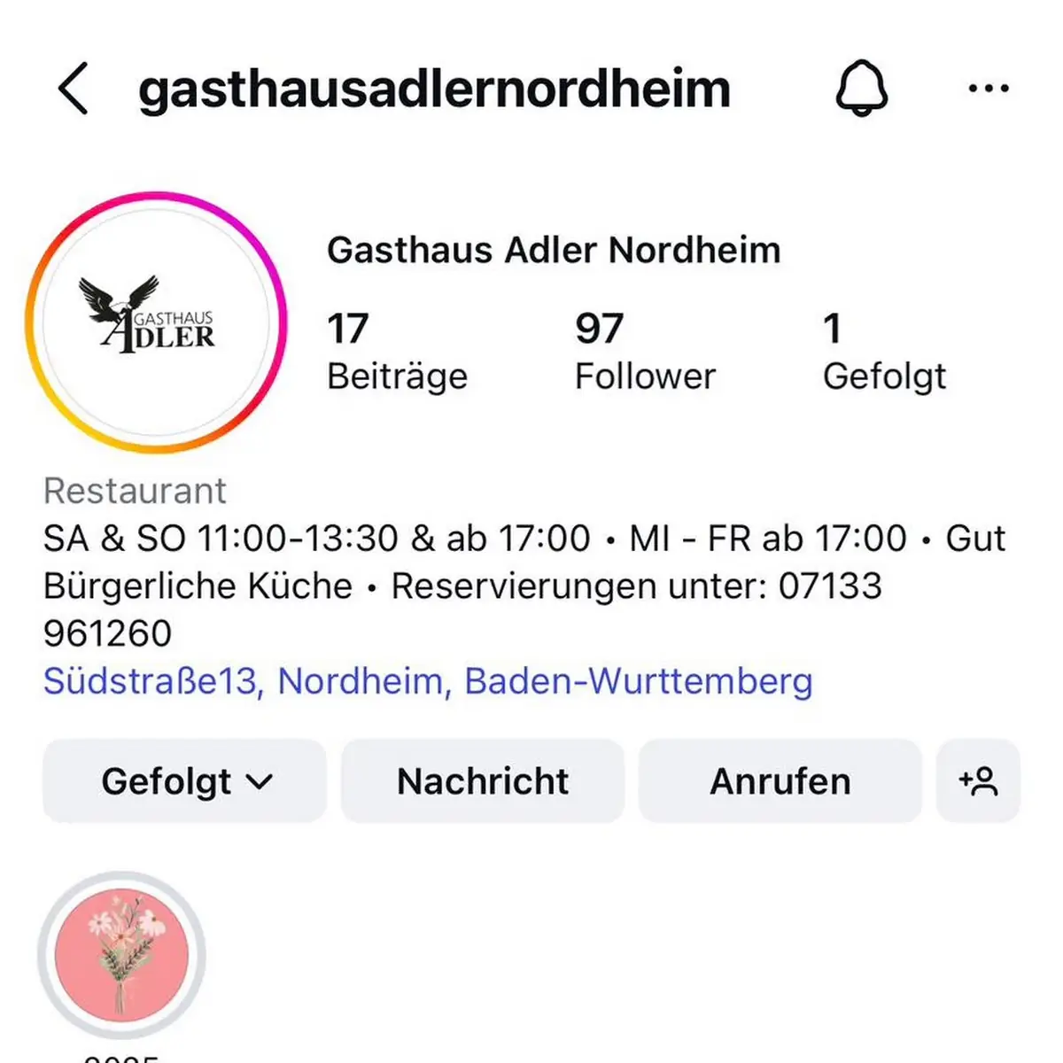 Speisekarte, Gasthaus Adler Nordheim