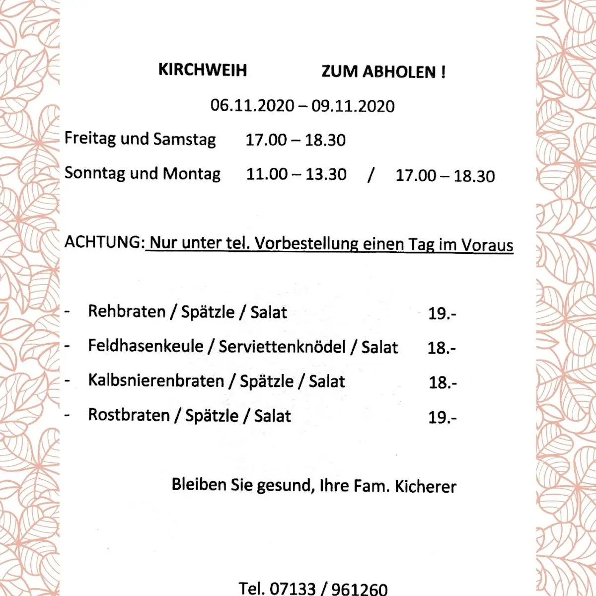 Speisekarte, Gasthaus Adler Nordheim