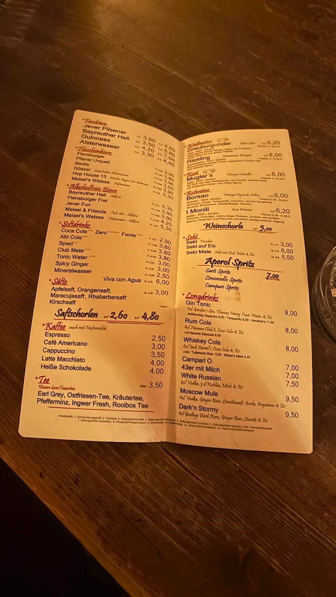 Speisekarte, Café Bar Sonnenseite