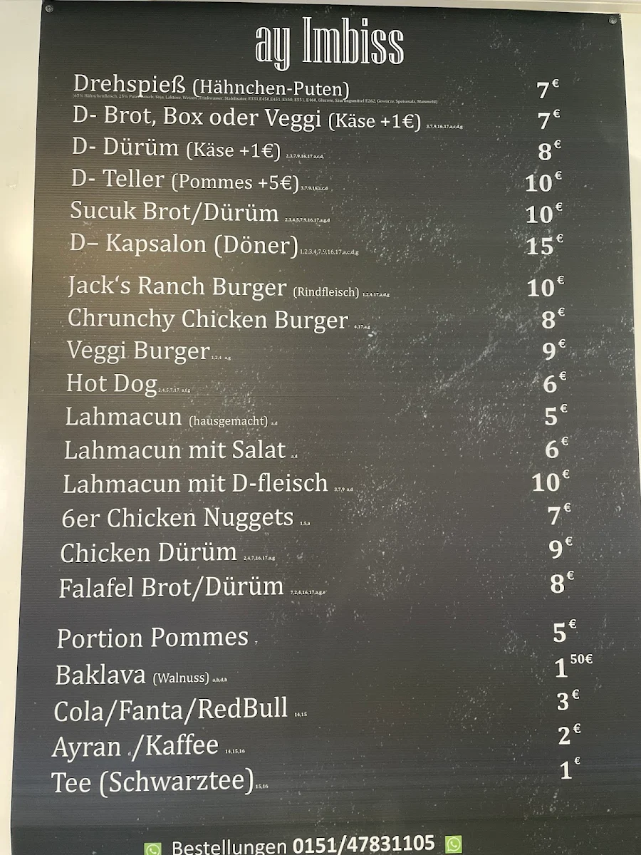 Speisekarte, Ay Imbiss Burger & Döner