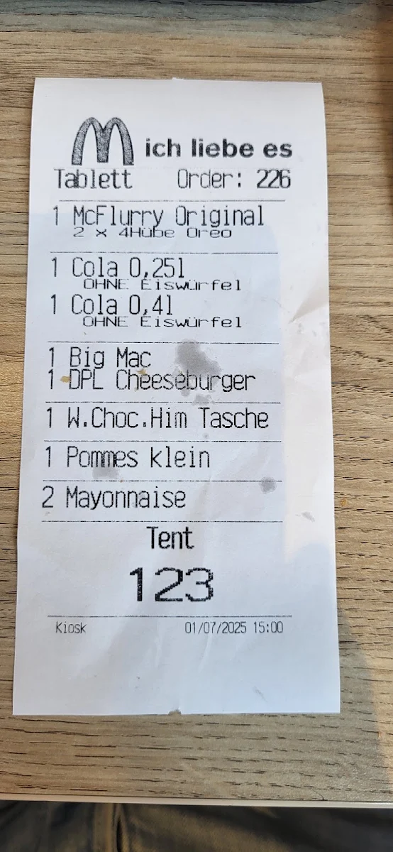 Speisekarte, McDonald's