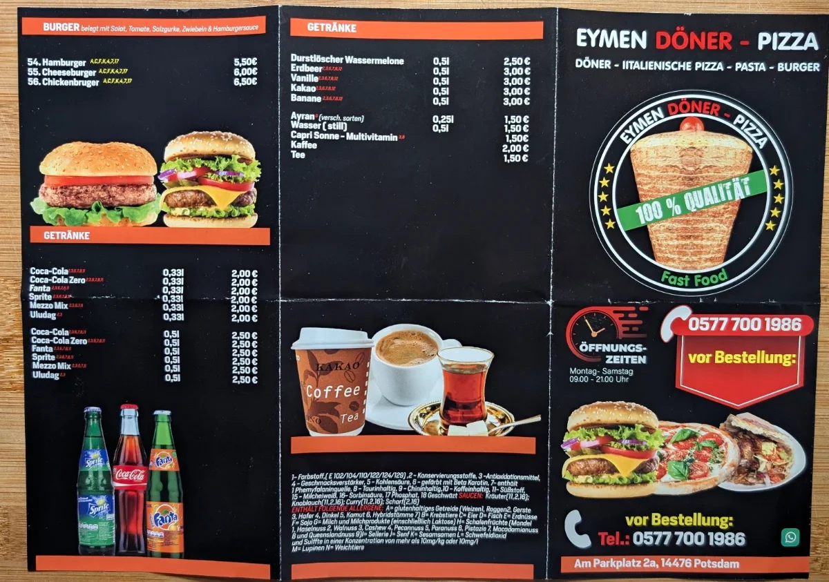 Speisekarte, EYMEN - Döner, Pizza, Burger