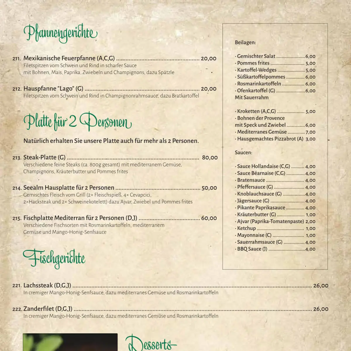 Speisekarte, Restaurant Pizzeria Seealm Lago