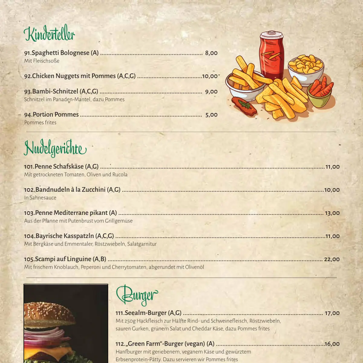 Speisekarte, Restaurant Pizzeria Seealm Lago