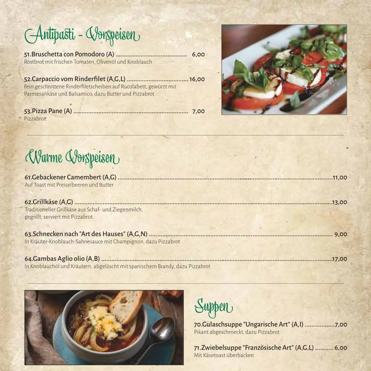 Speisekarte, Restaurant Pizzeria Seealm Lago