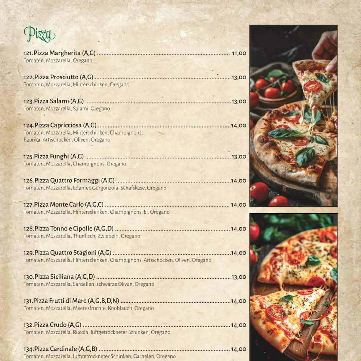 Speisekarte, Restaurant Pizzeria Seealm Lago