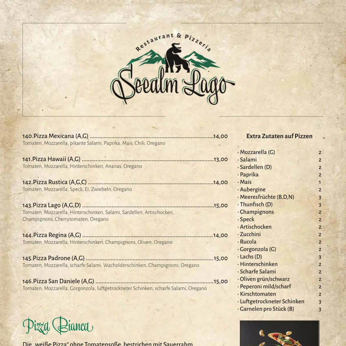 Speisekarte, Restaurant Pizzeria Seealm Lago