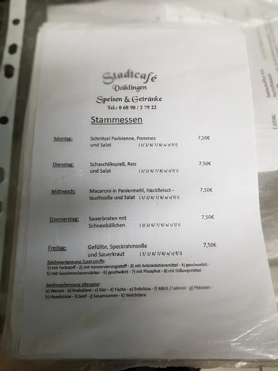 Speisekarte, Stadtcafe Stadtschänke