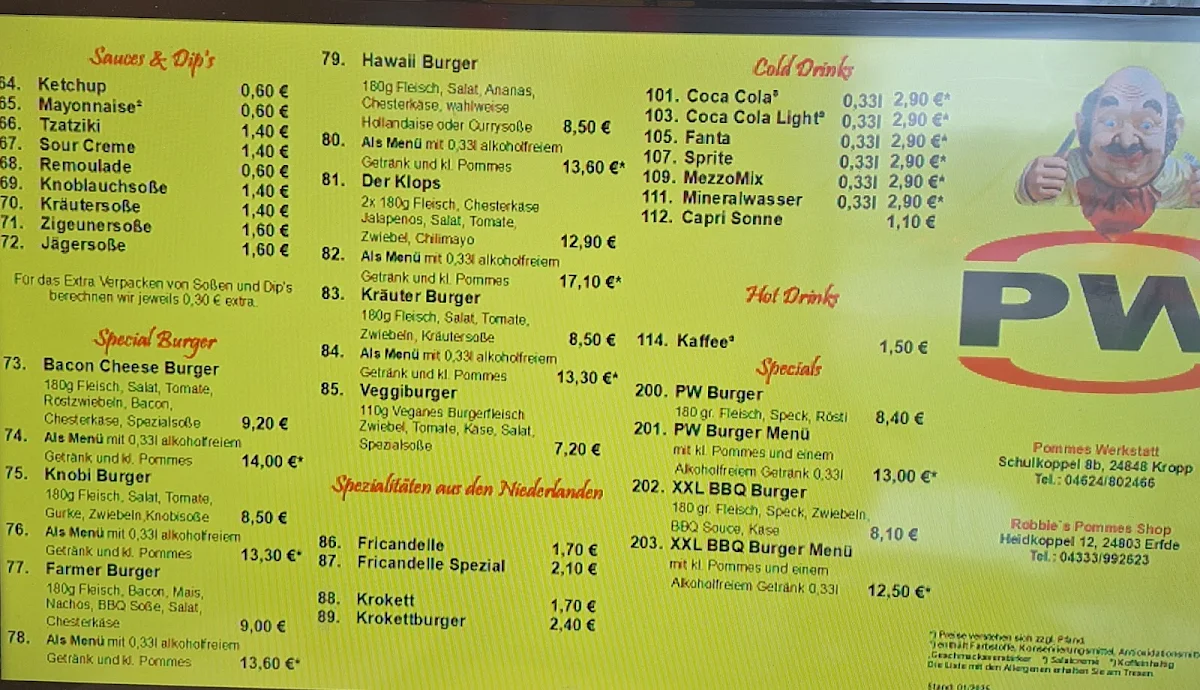 Speisekarte, Robbie’s Pommes Shop