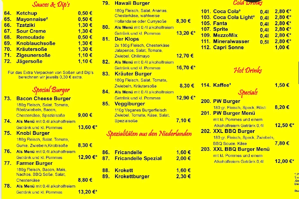 Speisekarte, Robbie’s Pommes Shop