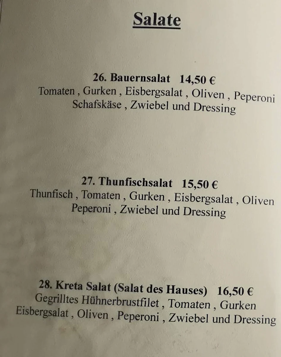 Speisekarte, Griechisches Restaurant Kreta