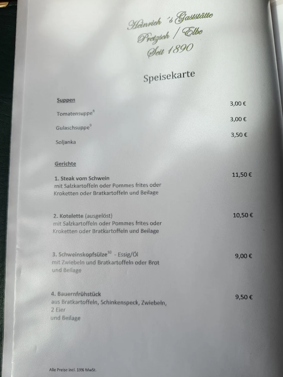 Speisekarte, Heinrich's Gaststätte