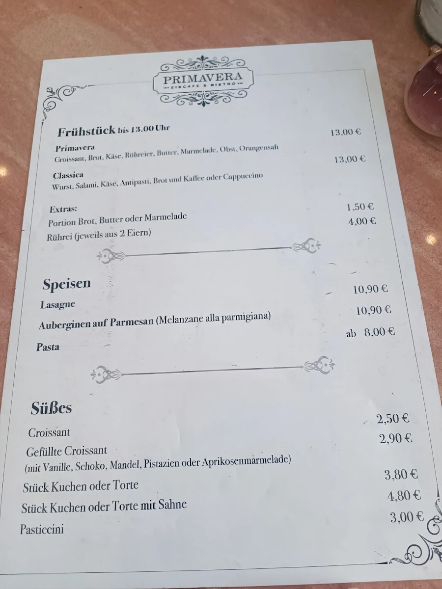 Speisekarte, Primavera Eiscafe & Bistro