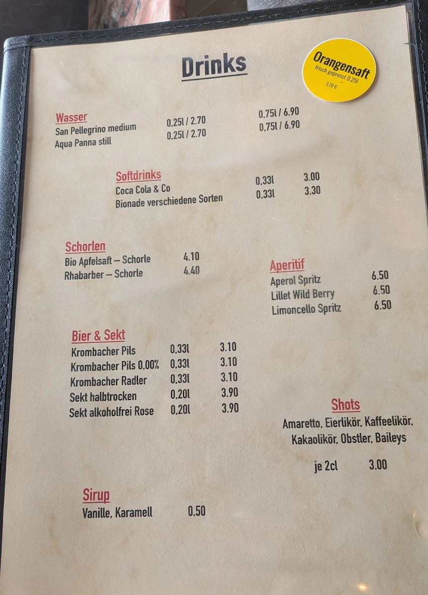 Speisekarte, Das kleine Kaffeehaus