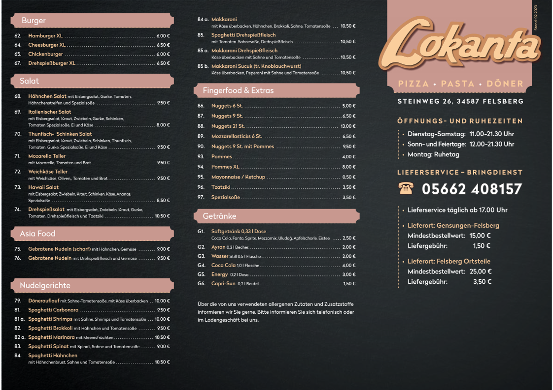 Speisekarte, Lokanta – Pizza, Pasta, Döner | Lieferdienst Felsberg