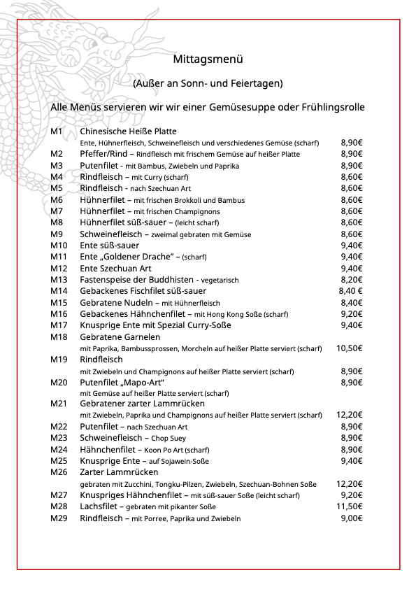 Speisekarte, Restaurant Goldener Drache