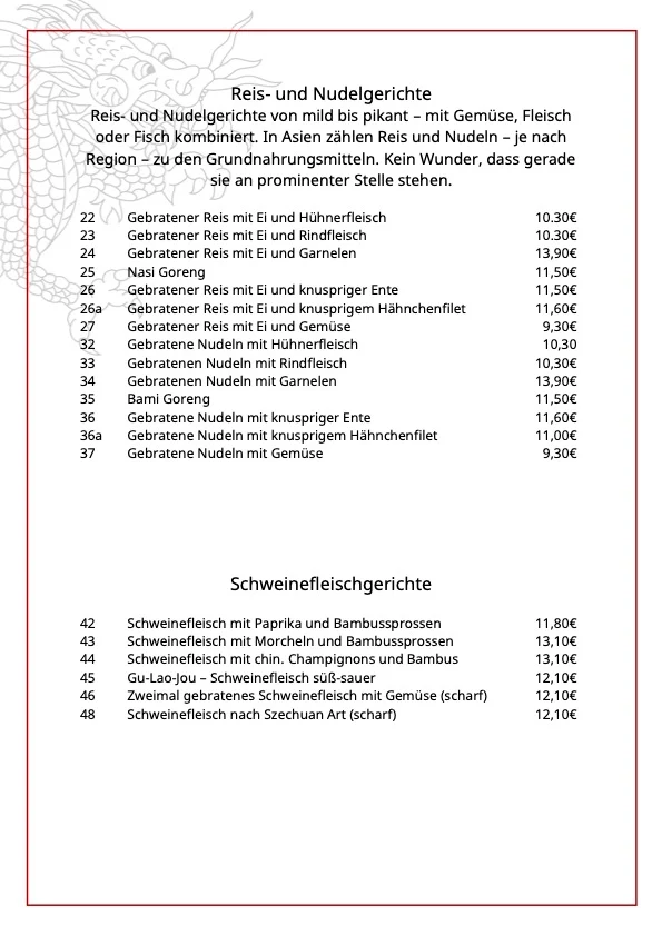 Speisekarte, Restaurant Goldener Drache