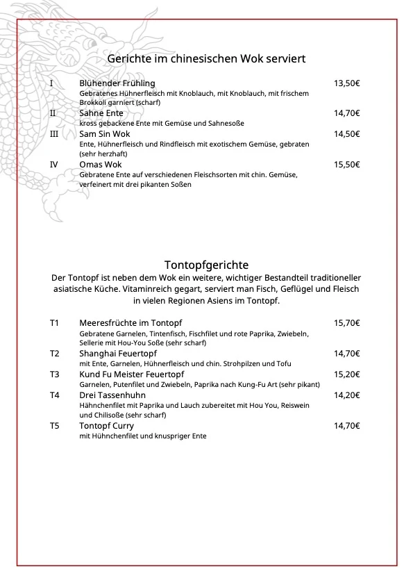 Speisekarte, Restaurant Goldener Drache
