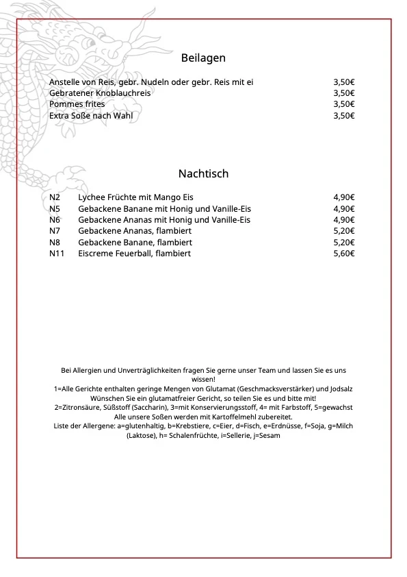Speisekarte, Restaurant Goldener Drache