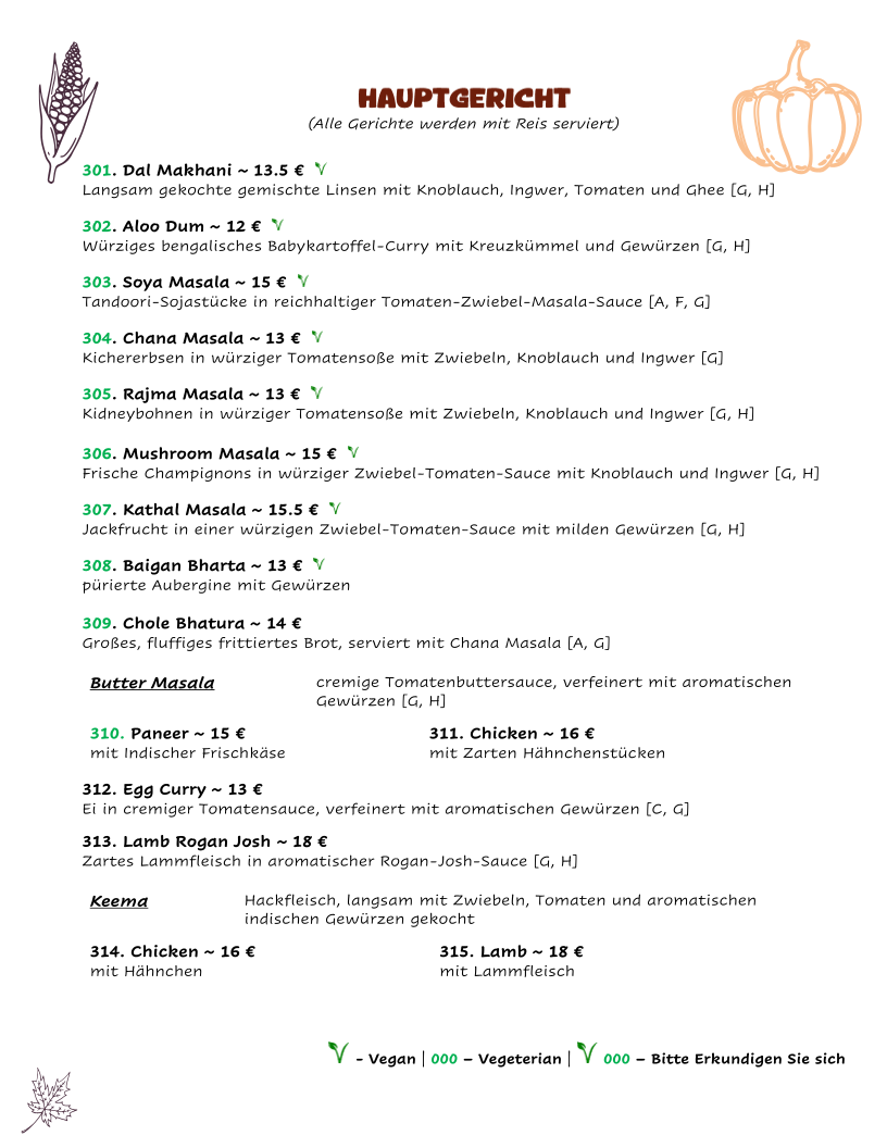 Speisekarte, Kulhad Indisches Restaurant