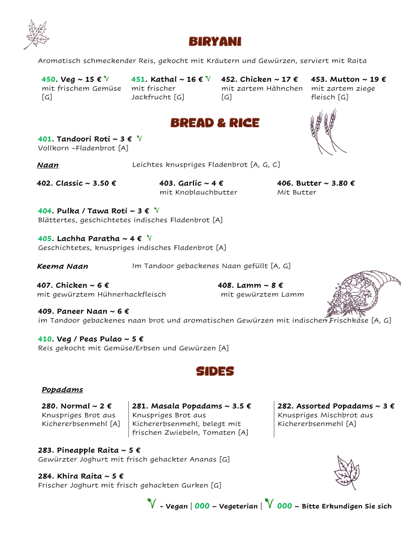 Speisekarte, Kulhad Indisches Restaurant