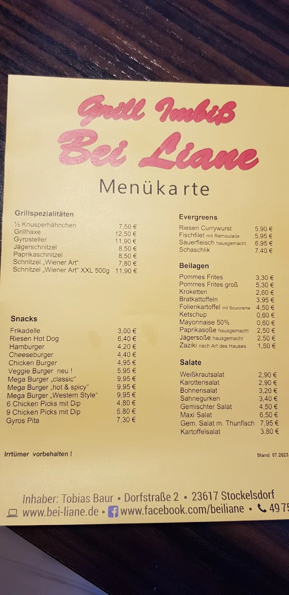 Speisekarte, Grill-Imbiss Bei Liane