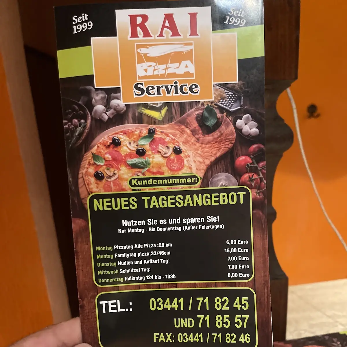 Speisekarte, Rai Pizza Service