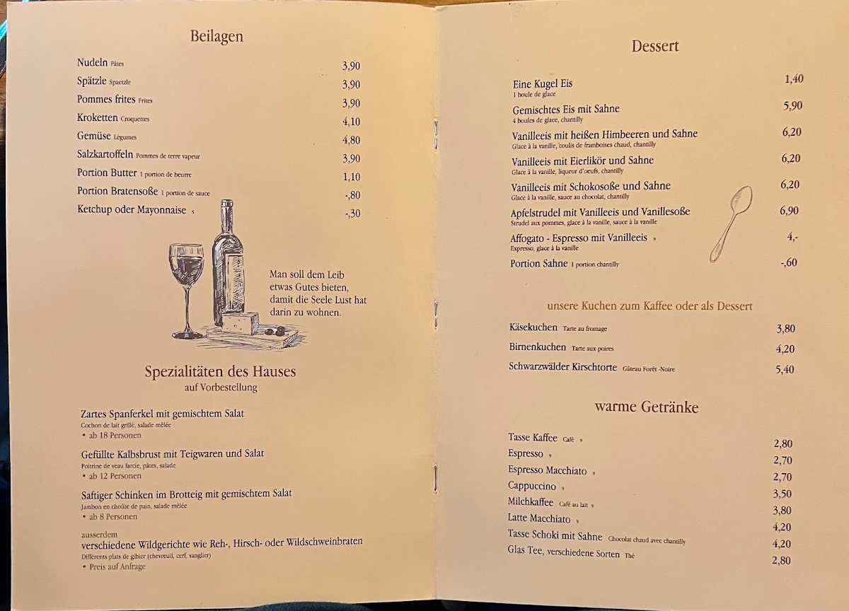 Speisekarte, Landgasthof Hummelswälder Hof