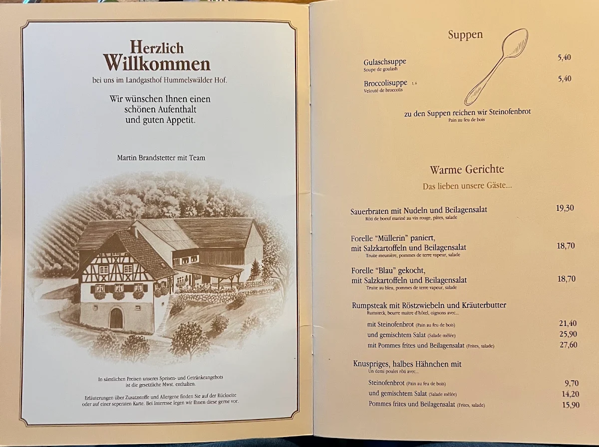 Speisekarte, Landgasthof Hummelswälder Hof