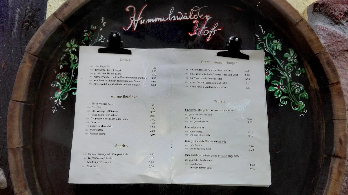 Speisekarte, Landgasthof Hummelswälder Hof