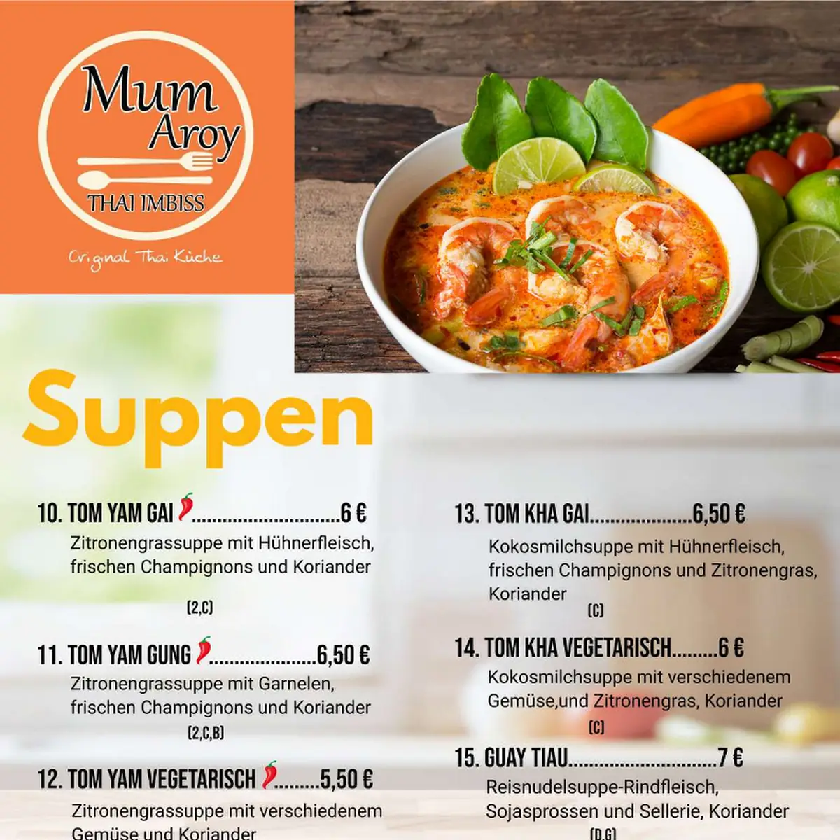 Speisekarte, Mum-Aroy Thai Imbiss