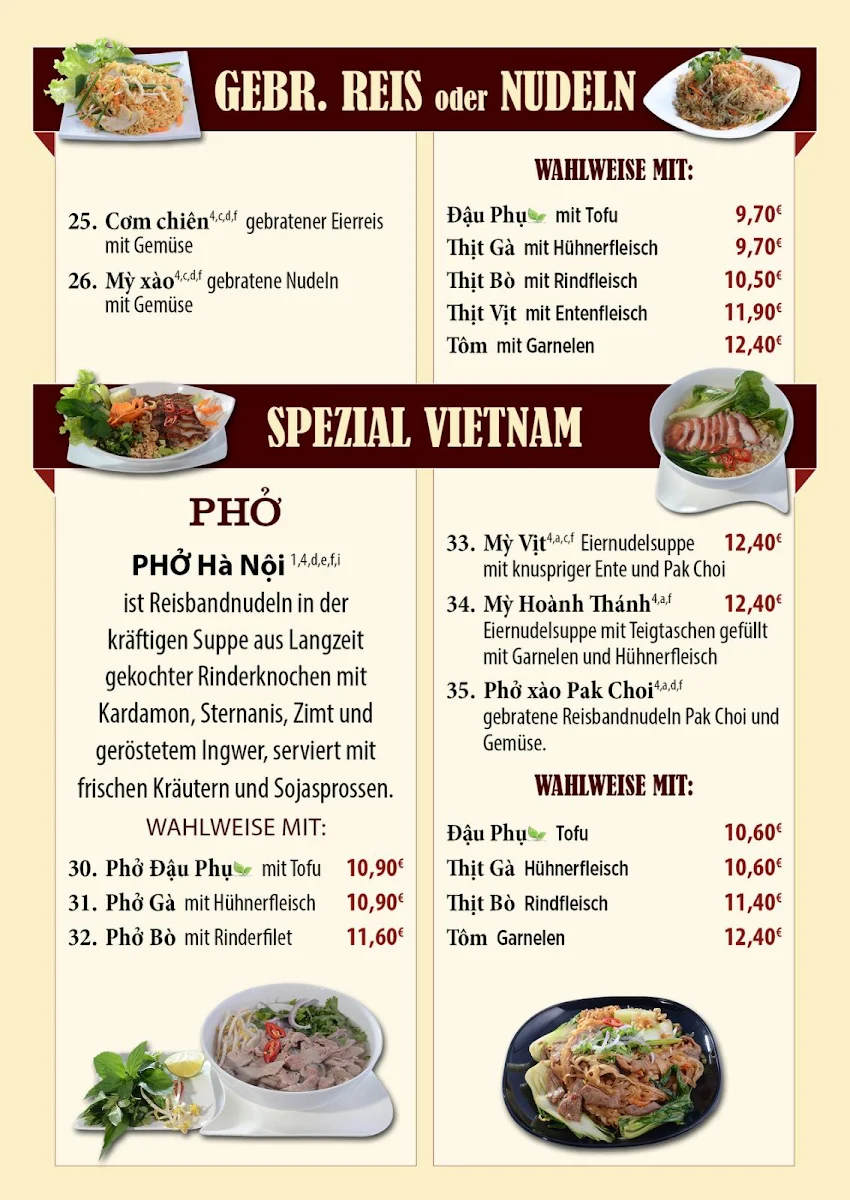 Speisekarte, Sinh Ba - vietnamesische Küche
