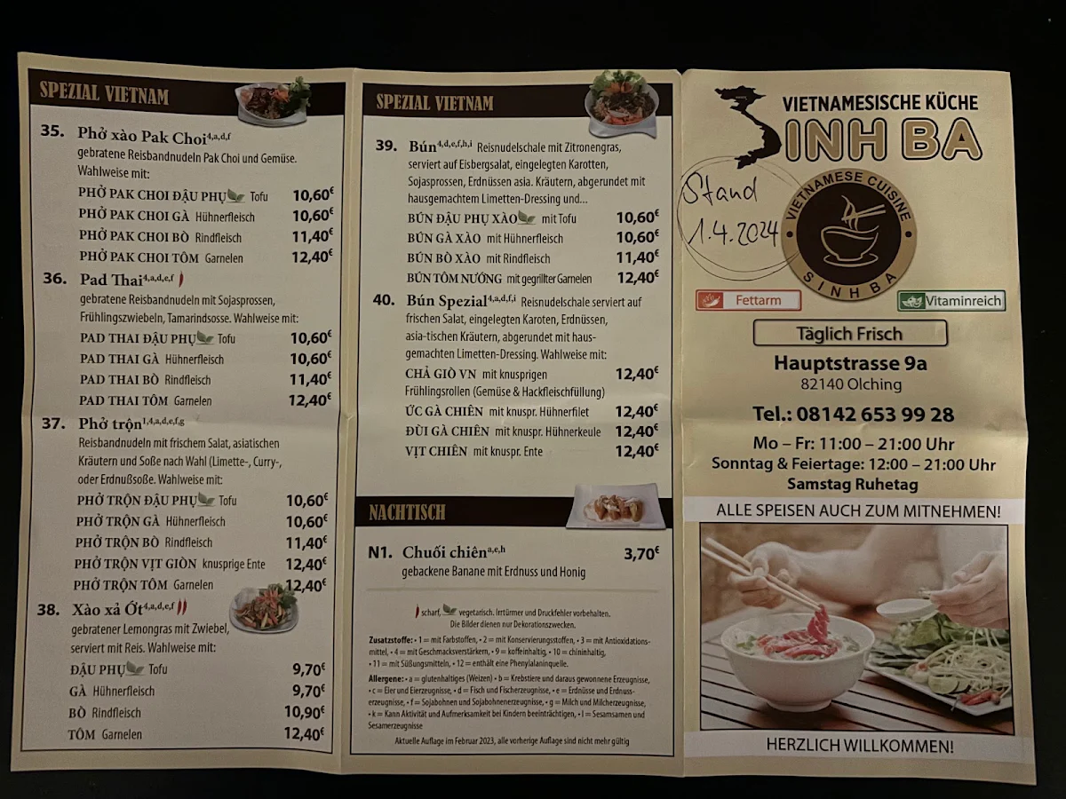 Speisekarte, Sinh Ba - vietnamesische Küche