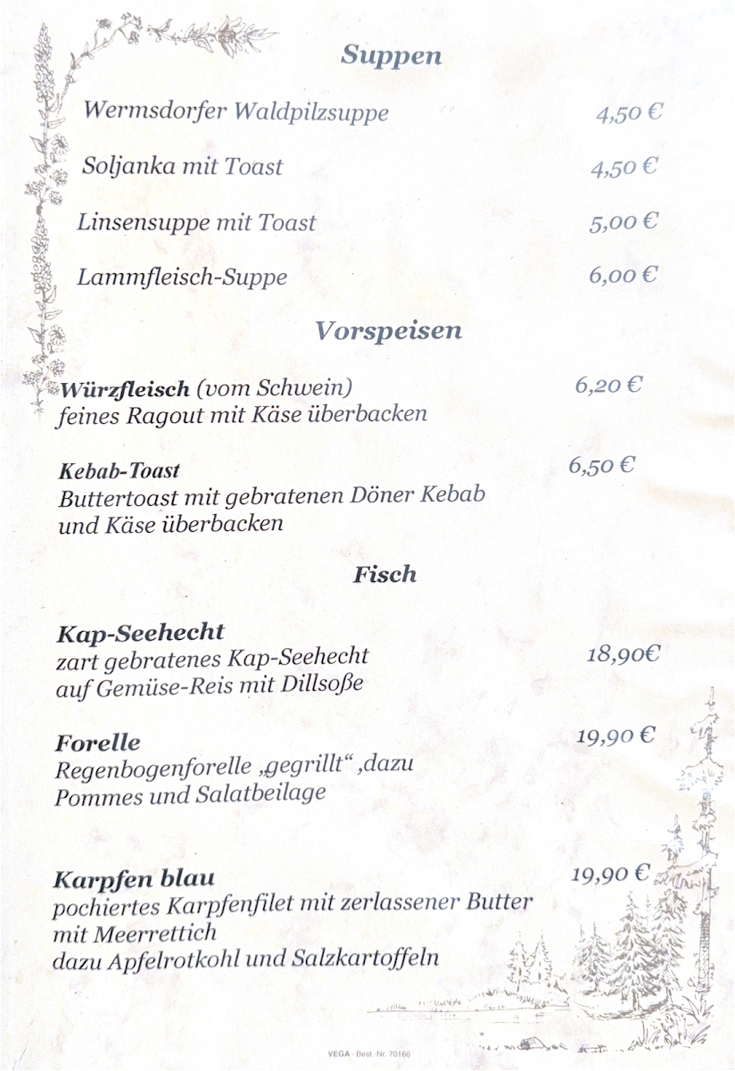 Speisekarte, Landgasthof "Zur Guten Quelle" Pension und Gaststätte