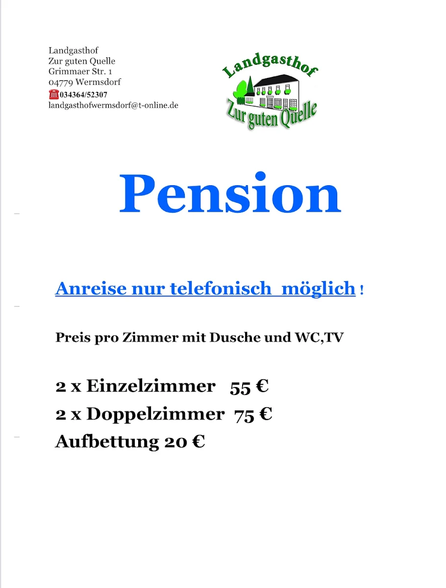Speisekarte, Landgasthof "Zur Guten Quelle" Pension und Gaststätte