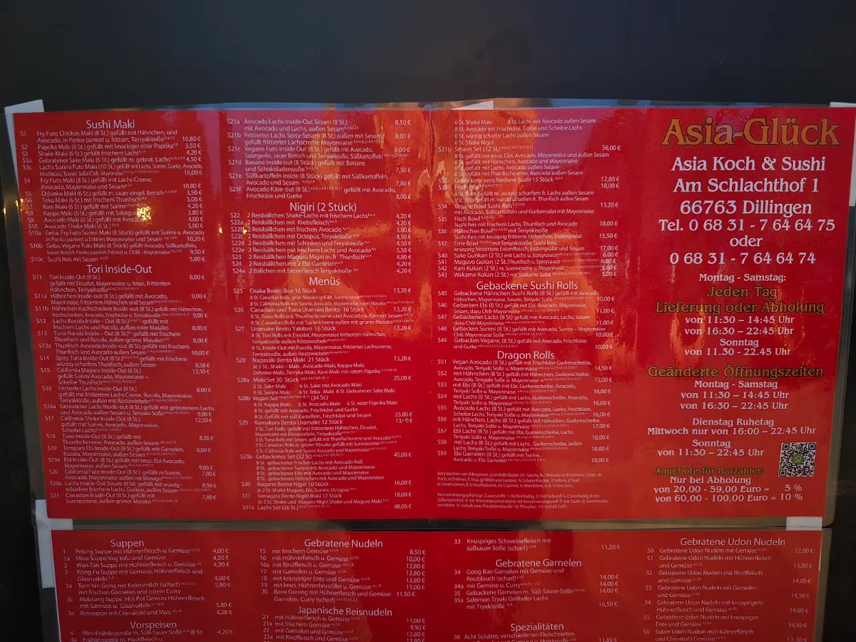 Speisekarte, Asia Glück Asia Koch & Sushi