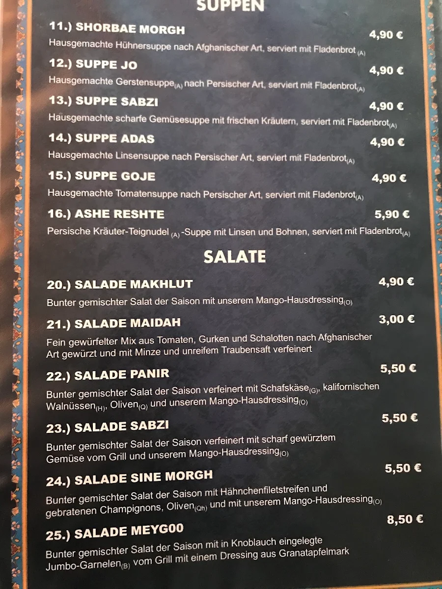 Speisekarte, Asal Restaurant