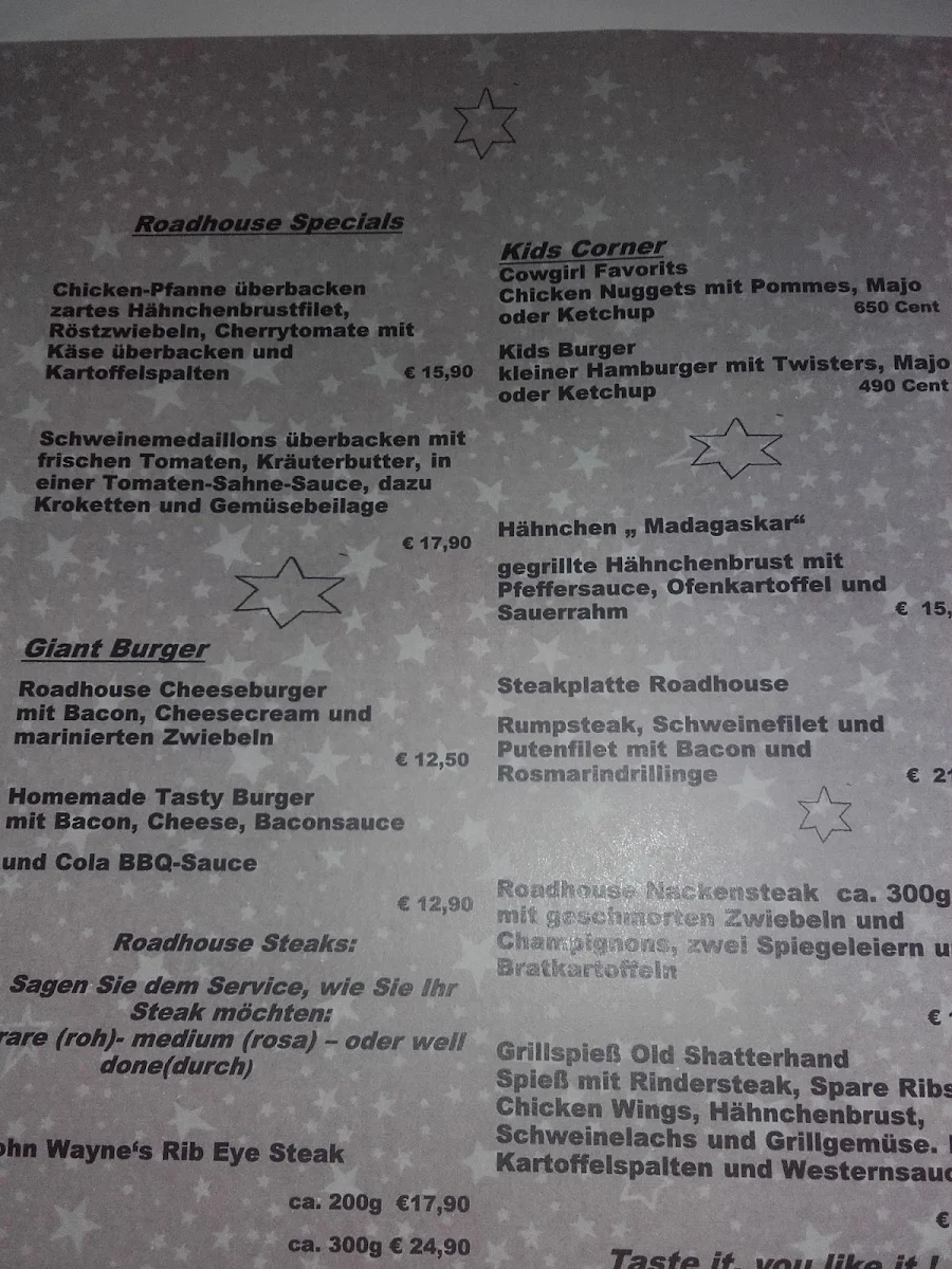 Speisekarte, Roadhouse Schneiderkrug