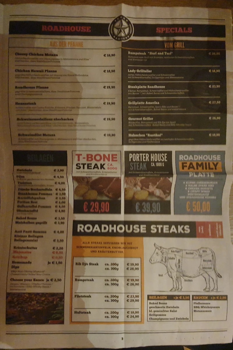 Speisekarte, Roadhouse Schneiderkrug