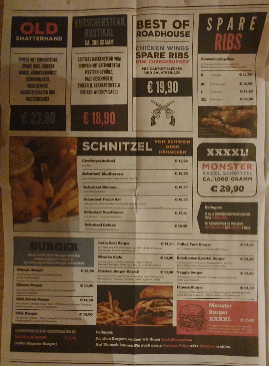 Speisekarte, Roadhouse Schneiderkrug