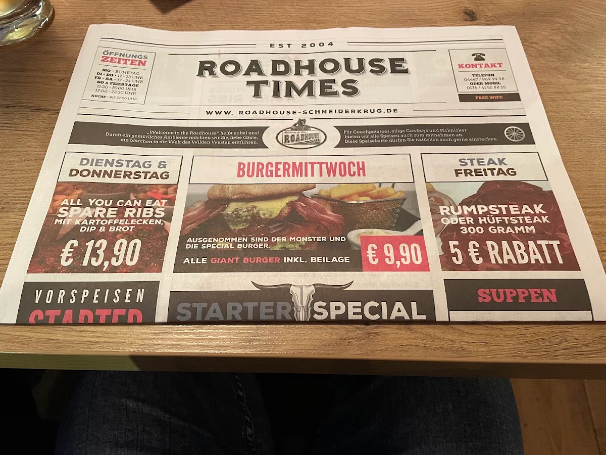 Speisekarte, Roadhouse Schneiderkrug