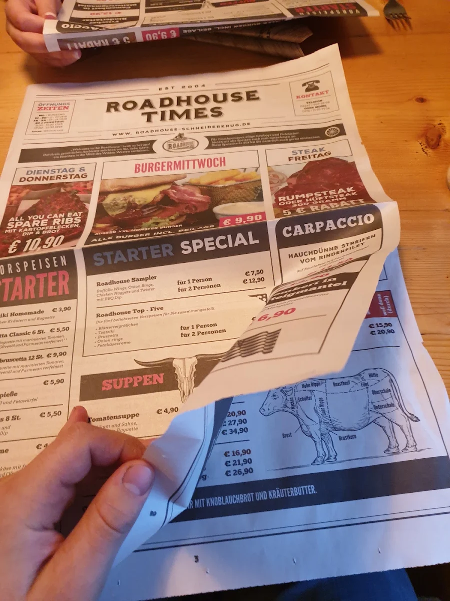 Speisekarte, Roadhouse Schneiderkrug